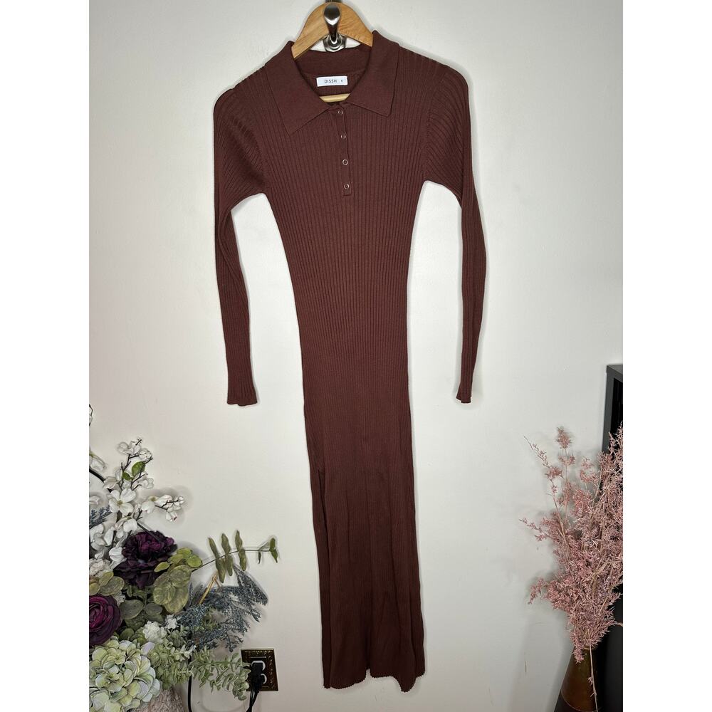 DISSH Ribbed Knit Polo Henley Long Sleeve Maxi Dress Brown Sz 8 $138 {SS45} - Picture 2 of 5